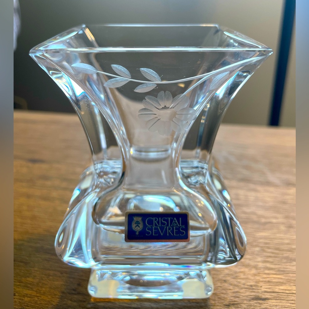 Cristal de Sevres vase. Pristine condition.4 1.2”heavy with etched flower FRANCE